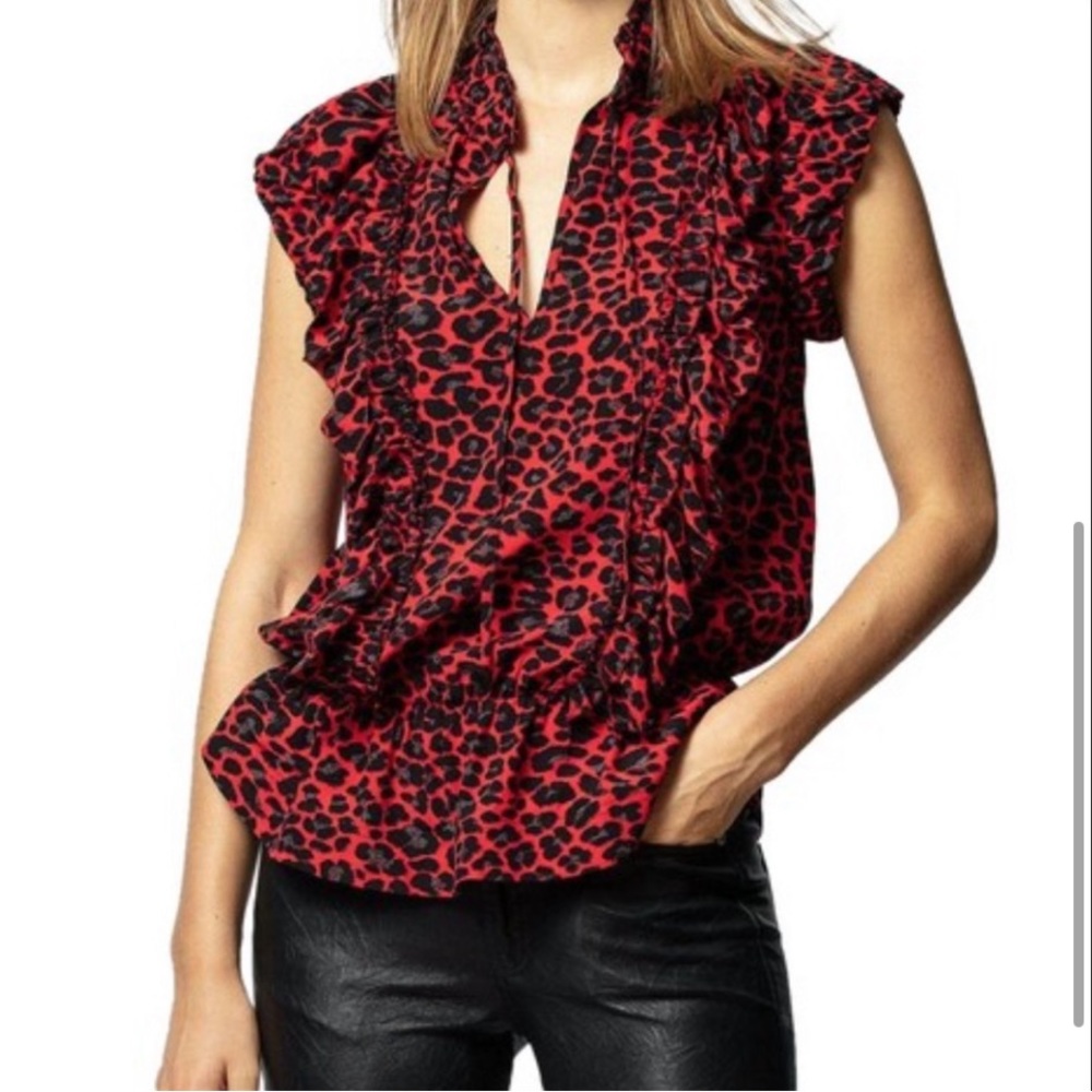 Zadig & Voltaire Tibo red leopard ruffle peplum top